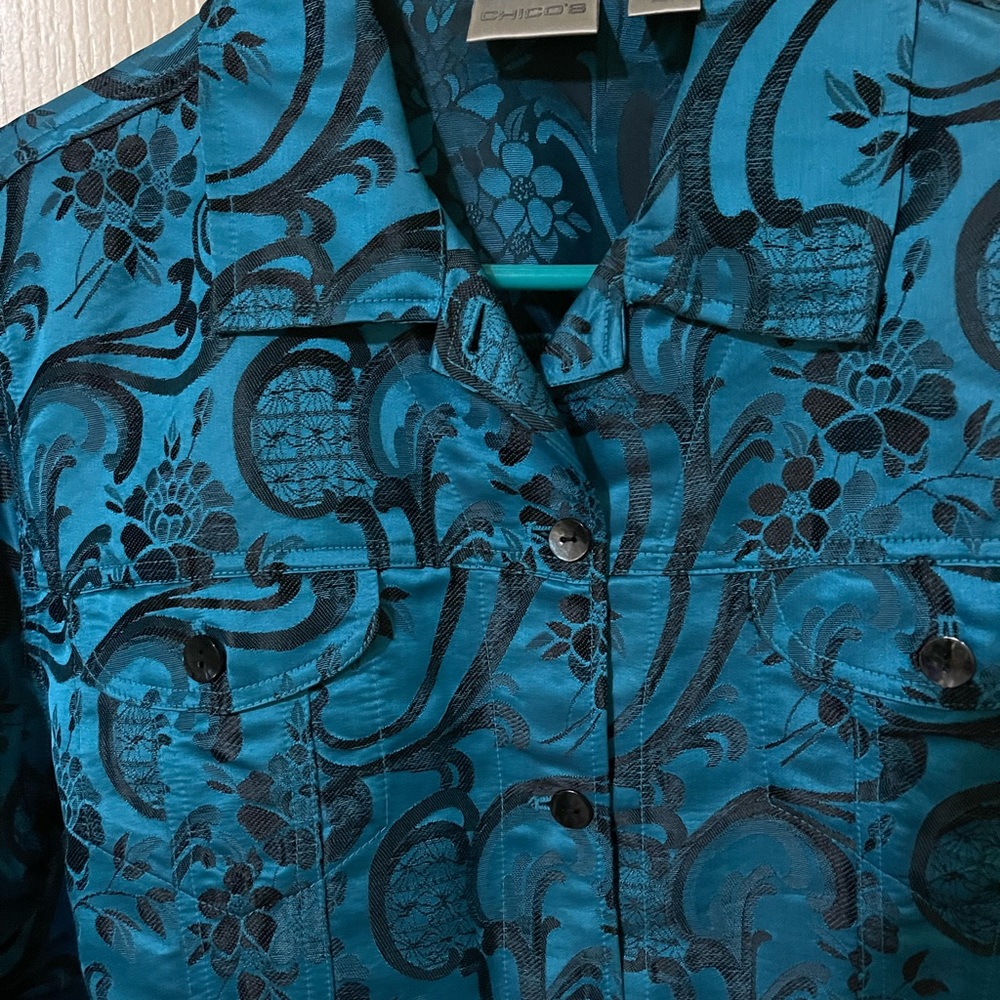 Chico’s embroidered Teal Dinner Jacket, Size 2 - Picture 2 of 6